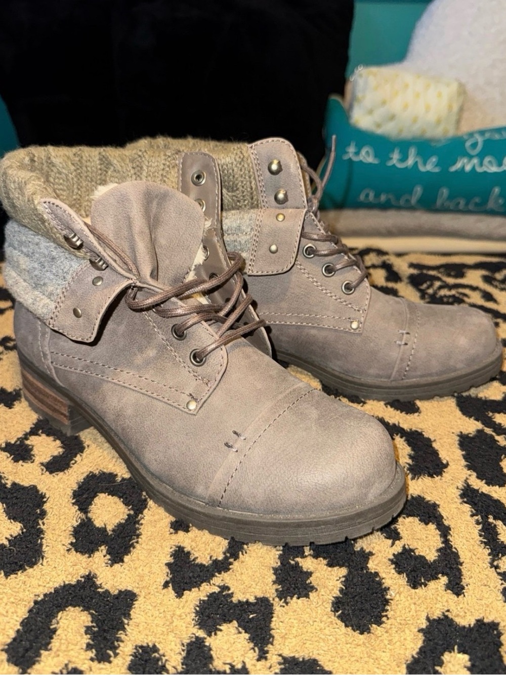 Call It Spring Taupe Lace-Up Ankle Boots with Knit Cuff